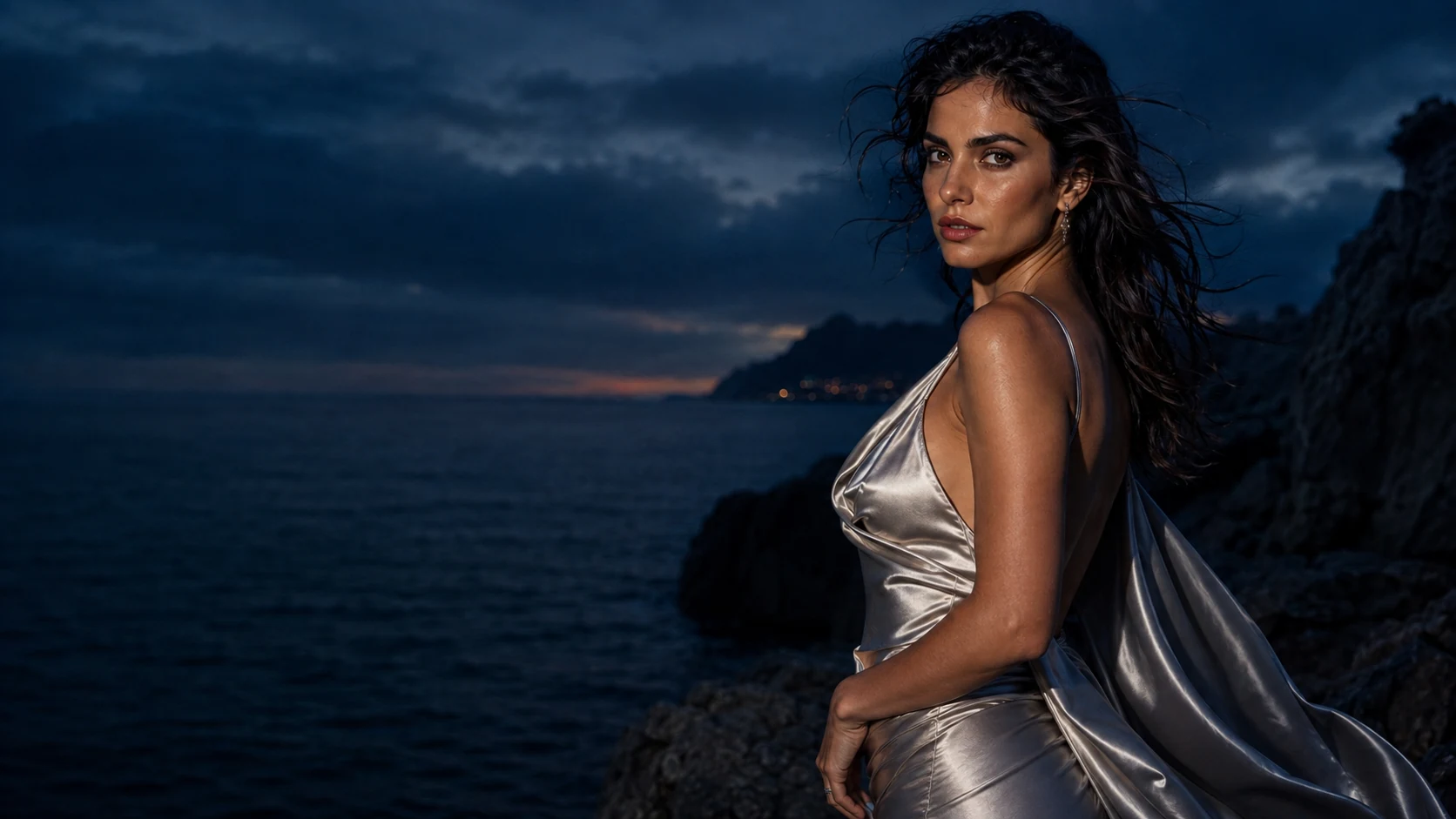 A dark-haired model in a silver satin evening gown beside the Mediterranean Sea at blue hour